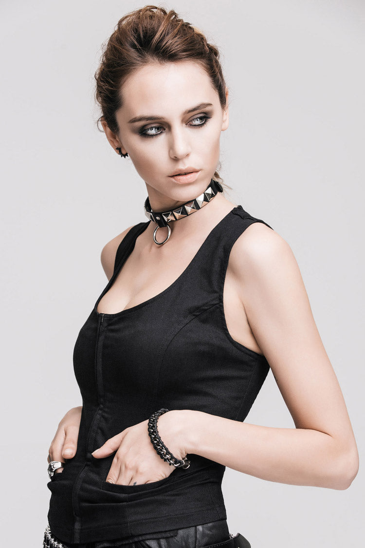 Black Front Zip Sleeveless Back Cut-Out Belted Round Collar Women's Punk Tank Top - Product - 7