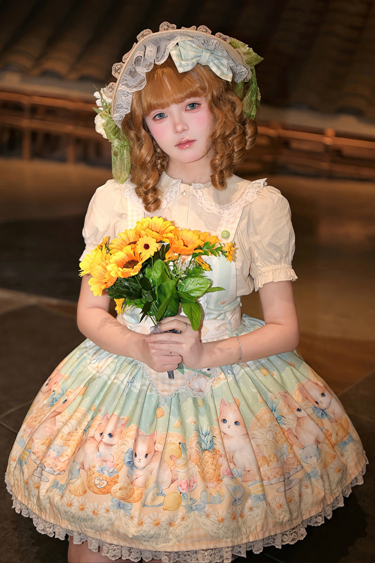Green [Pineapple Cat] Print Sleeveless Bowknot Lace Sweet Lolita Strap Dress - Green - 1