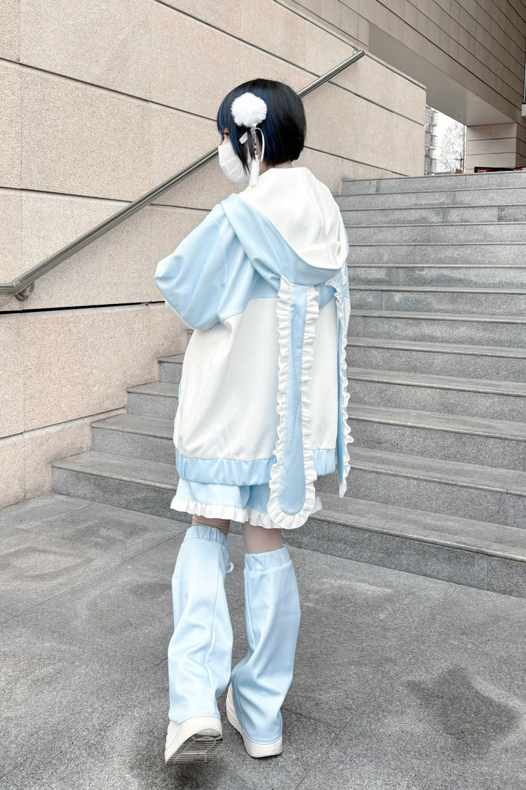 White/Blue Rabbit Ears Long Sleeves Ruffle Hooded Jirai Kei Japanese Coat - Product - 4