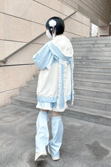 White/Blue Rabbit Ears Long Sleeves Ruffle Hooded Jirai Kei Japanese Coat - Product - 4