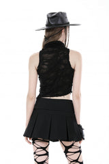 Black High Collar Sleeveless Irregular Asymmetric Lace-Up Eyelet Women's Punk Ripped Tank Top - Product - 6