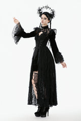 Black Stand Collar Long Flared Sleeves Lace Spliced Velvet Women's Gothic Cape - Product - 9