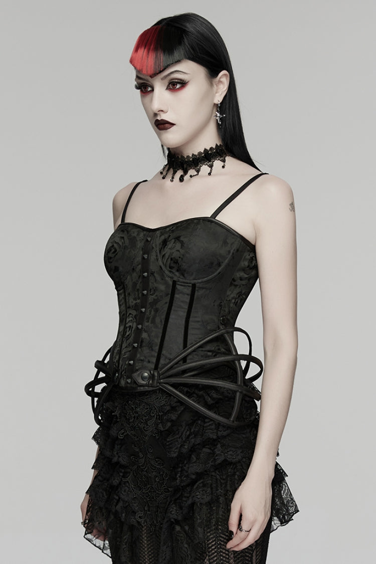 Black Sleeveless Rose Jacquard Lace-Up Women's Gothic Overbust Corset - Product - 2