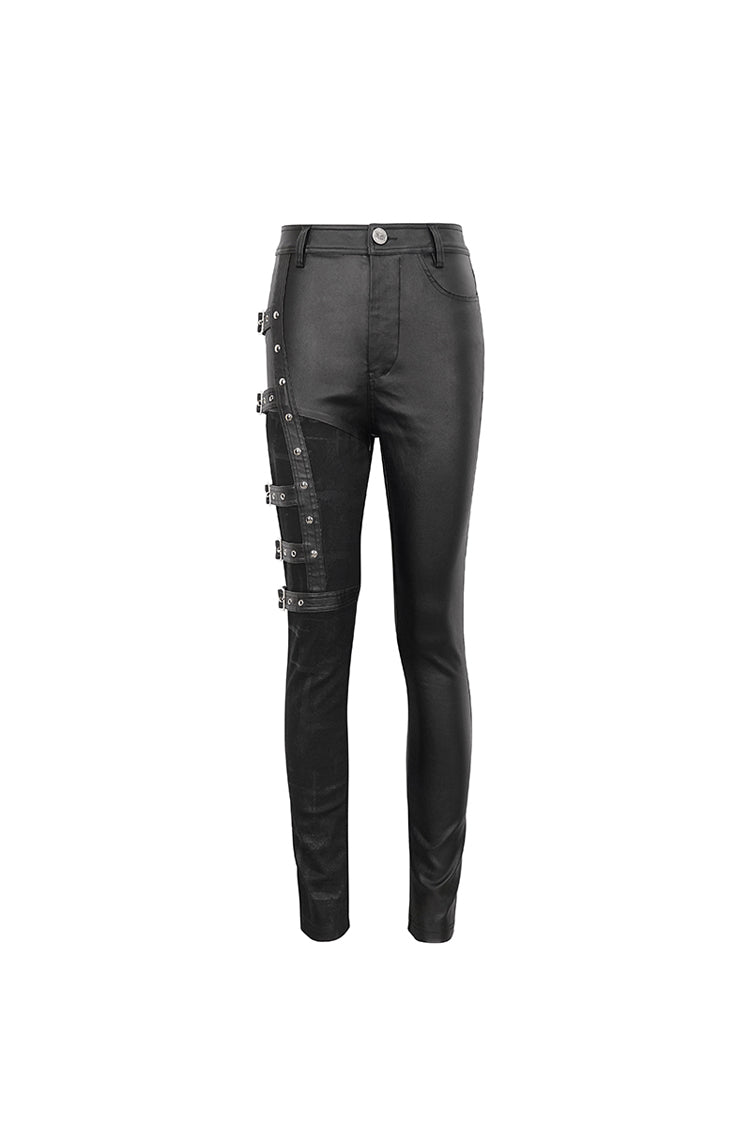 Black Tight Leather Multi Buckle Splice Women's Punk Pants - Product - 7