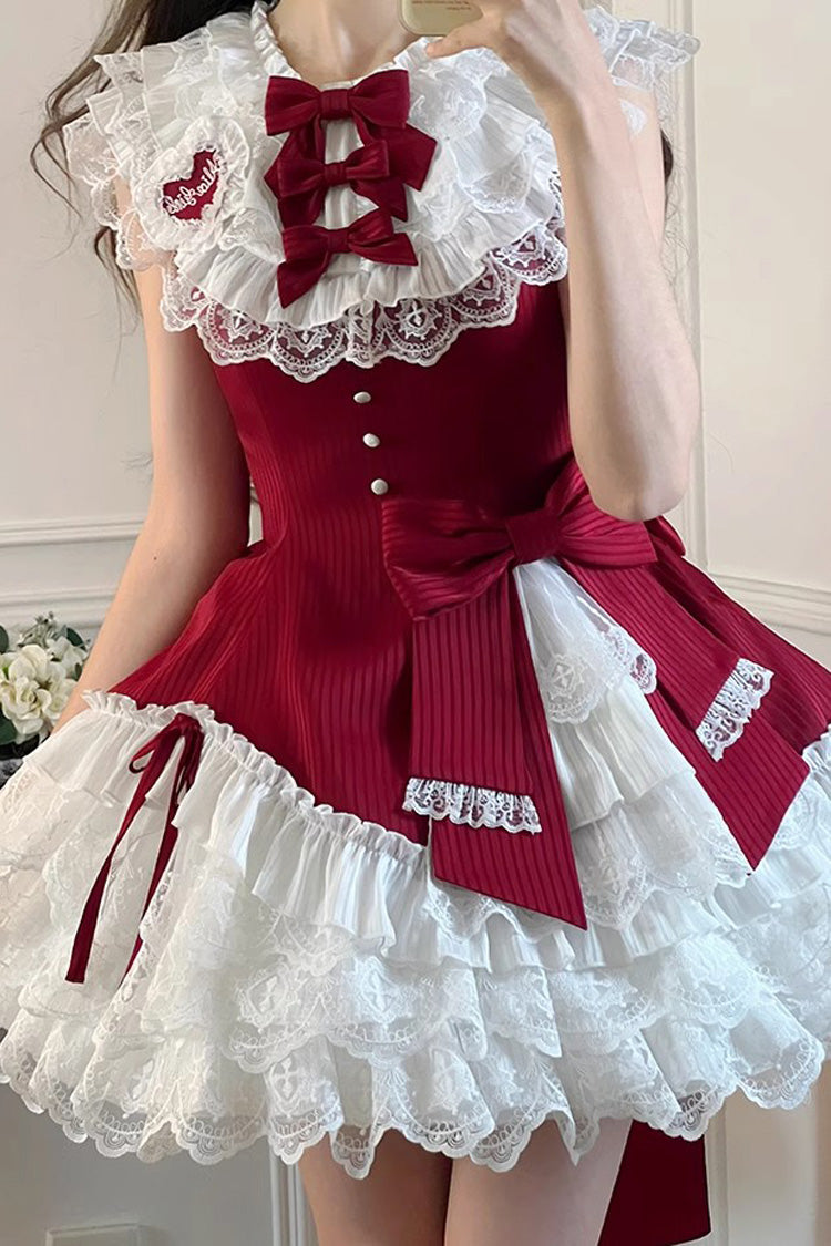 Red [Miss Tsundere] Sleeveless Multi-Layered Ruffle Bowknot Lace Asymmetric Sweet Princess Lolita Dress - Product - 8