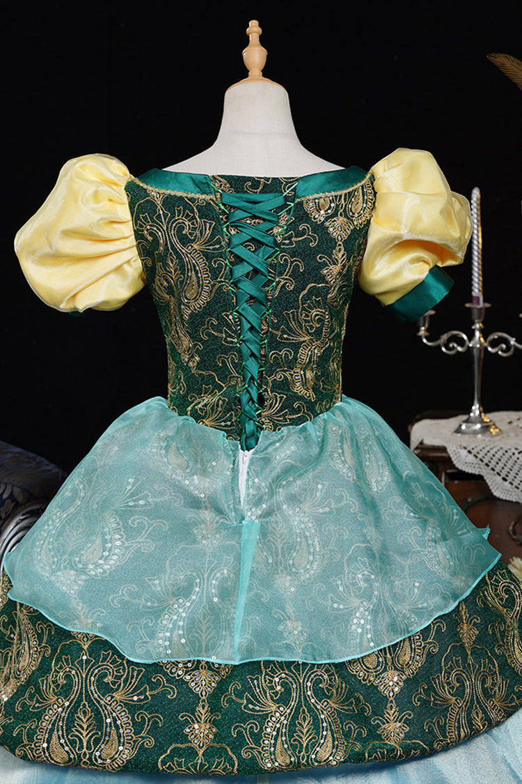 Blue/Green Square Collar Short Lantern Sleeves Multi-Layered Ruffled Embroidered Lace Gothic Vintage Princess Palace Lolita Victorian Dress - Product - 5
