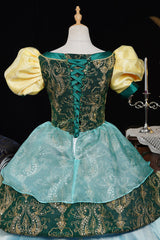 Blue/Green Square Collar Short Lantern Sleeves Multi-Layered Ruffled Embroidered Lace Gothic Vintage Princess Palace Lolita Victorian Dress - Product - 5