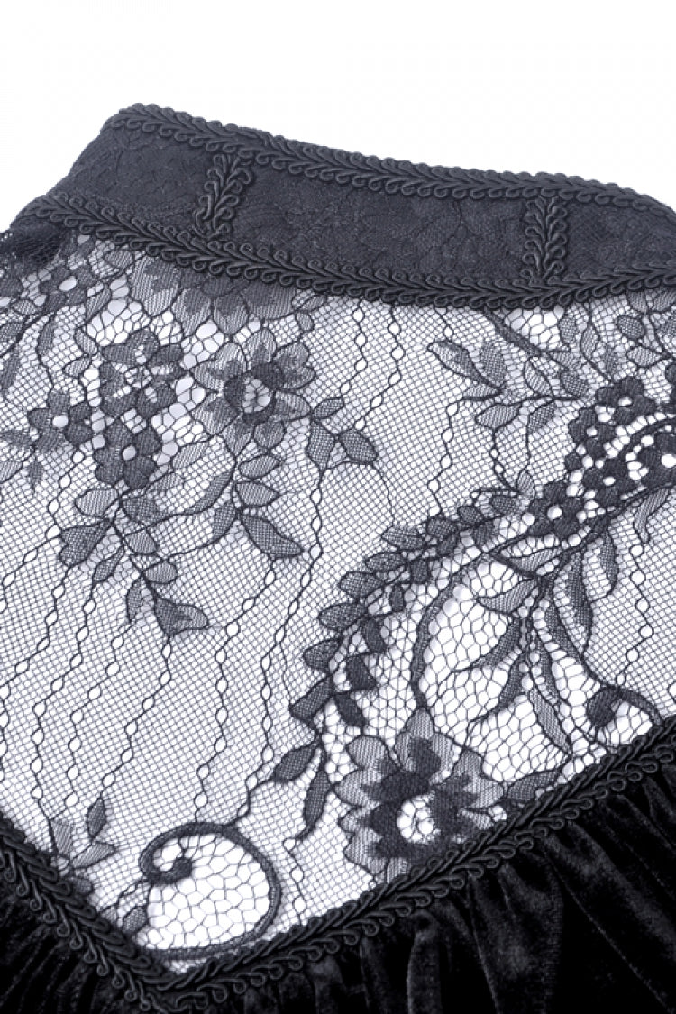 Black V-neck Long Sleeves Ruched Ruffled Lace Women's Lolita Gothic Velvet Dress - Product - 13