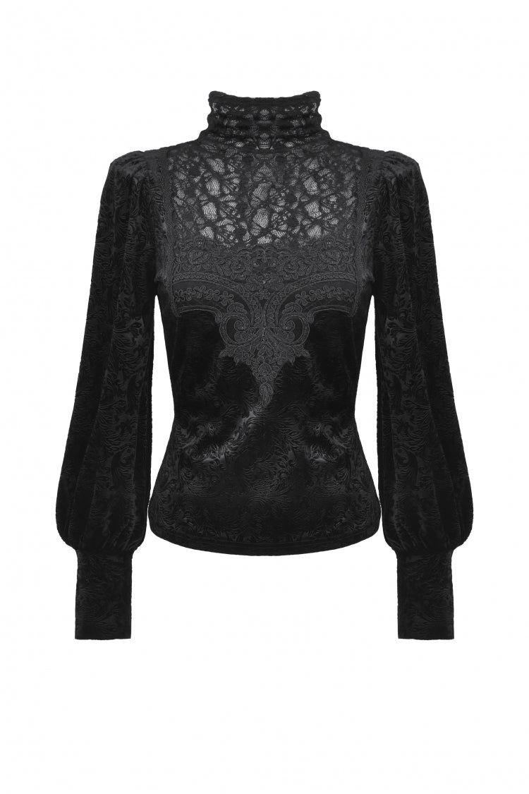 Black Ruffled Turtleneck Bishop Long Sleeves Floral Lace Patchwork Velvet Women's Gothic Blouse - Product - 3