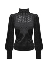Black Ruffled Turtleneck Bishop Long Sleeves Floral Lace Patchwork Velvet Women's Gothic Blouse - Product - 3