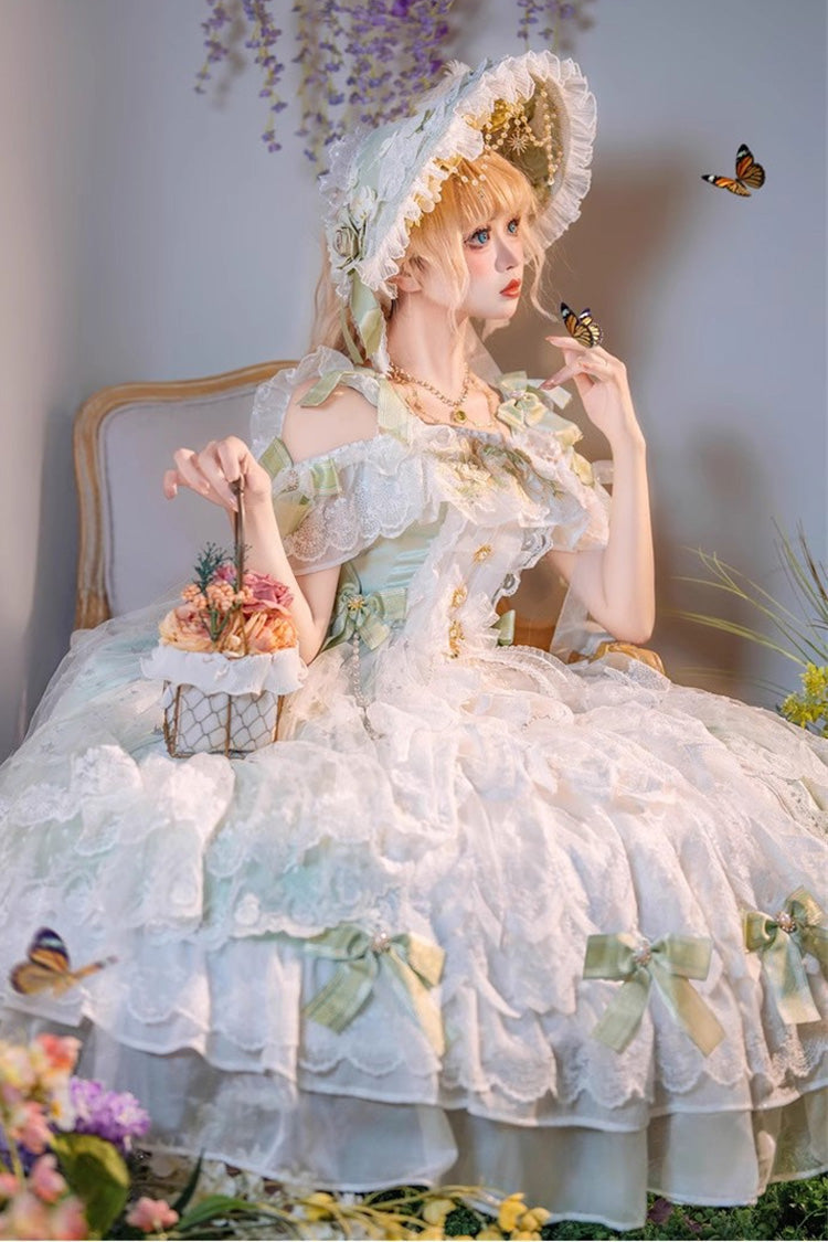 Green [Glazed Phantom] Off Shoulder Ruffle Hanayome Bowknot Lace Sweet Elegant Lolita Dress - Product - 4