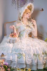 Green [Glazed Phantom] Off Shoulder Ruffle Hanayome Bowknot Lace Sweet Elegant Lolita Dress - Product - 4