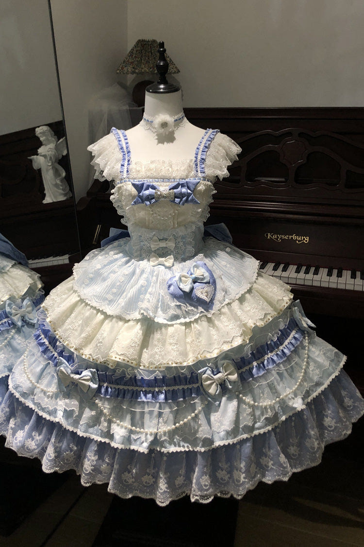 Blue [Falling Sakura] Multi-Layered Ruffled Hanayome Bow Lace Sweet Plus Size Princess Lolita Jsk Dress - Product - 6