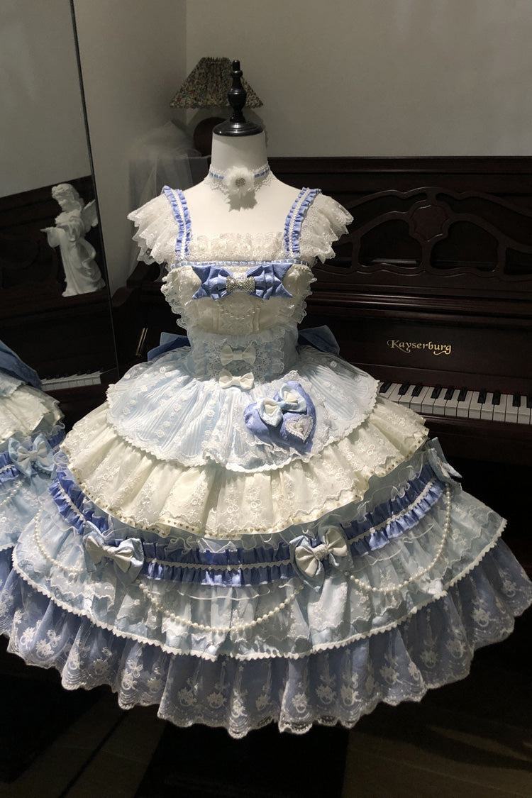 Blue [Falling Sakura] Multi-Layered Ruffled Hanayome Bow Lace Sweet Plus Size Princess Lolita Jsk Dress - Product - 6