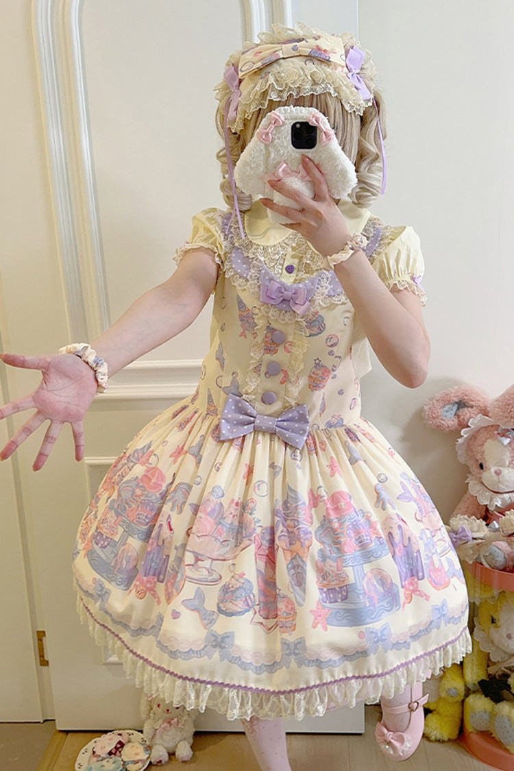 Cream Soda Mermaid Print Light Yellow Bowknot Lace Sweet Lolita Strap Dress - Light-Yellow - 1