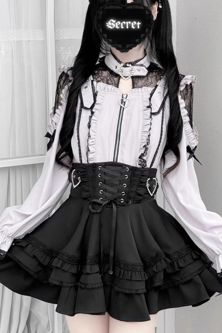 Jirai Kei [Heartbeat Buffy] Stand Collar Sleeveless Triple-Layered Ruffled Lace-Up Zippered Sweet Japanese Skirt and Blouse - Pink/Black(Long-Sleeve-Blouse-Only) - 2