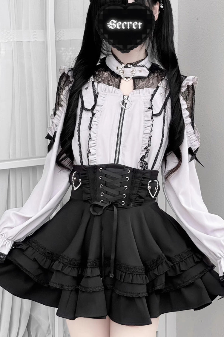 Jirai Kei [Heartbeat Buffy] Stand Collar Sleeveless Triple-Layered Ruffled Lace-Up Zippered Sweet Japanese Skirt and Blouse - Pink/Black(Long-Sleeve-Blouse-Only) - 2