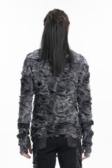 Black Stand Collar Ripped Eyelets Strap Men's Gothic T-Shirt - Product - 3