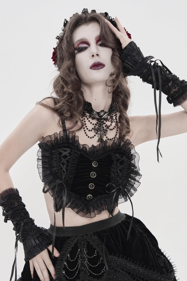 Black Off Shoulder Bow Lace Lace-Up Women's Gothic Ruffled Corset - Product - 12