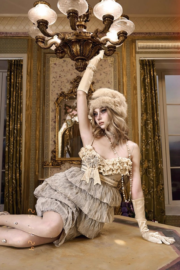 Beige [Slavic Noble Lady] Sleeveless Multi-Layered Ruffled Bow Sweet Elegant Lolita Jsk Dress - Product - 4