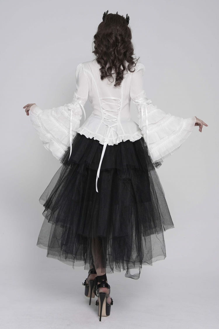 White Lapel Collar Long Trumpet Sleeves Lace Lace-Up Slim Women's Gothic Blouse - Product - 12