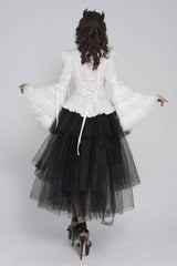 White Lapel Collar Long Trumpet Sleeves Lace Lace-Up Slim Women's Gothic Blouse - Product - 12