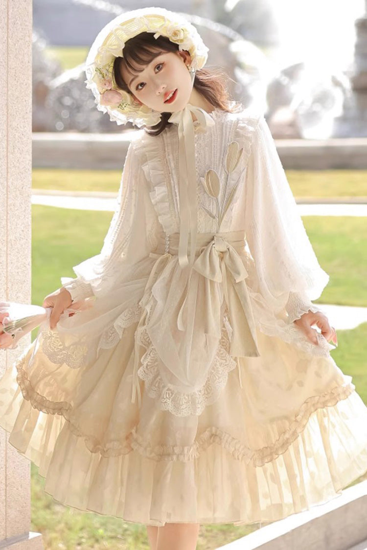 Ivory Stand Collar Long Sleeves Print Ruffle Sweet Princess Lolita Dress - Product - 3