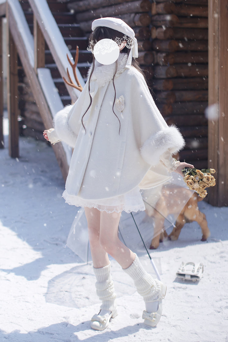White Long Sleeves Lace Sweet Japanese Lolita Fluffy Cloak Coat - Product - 4