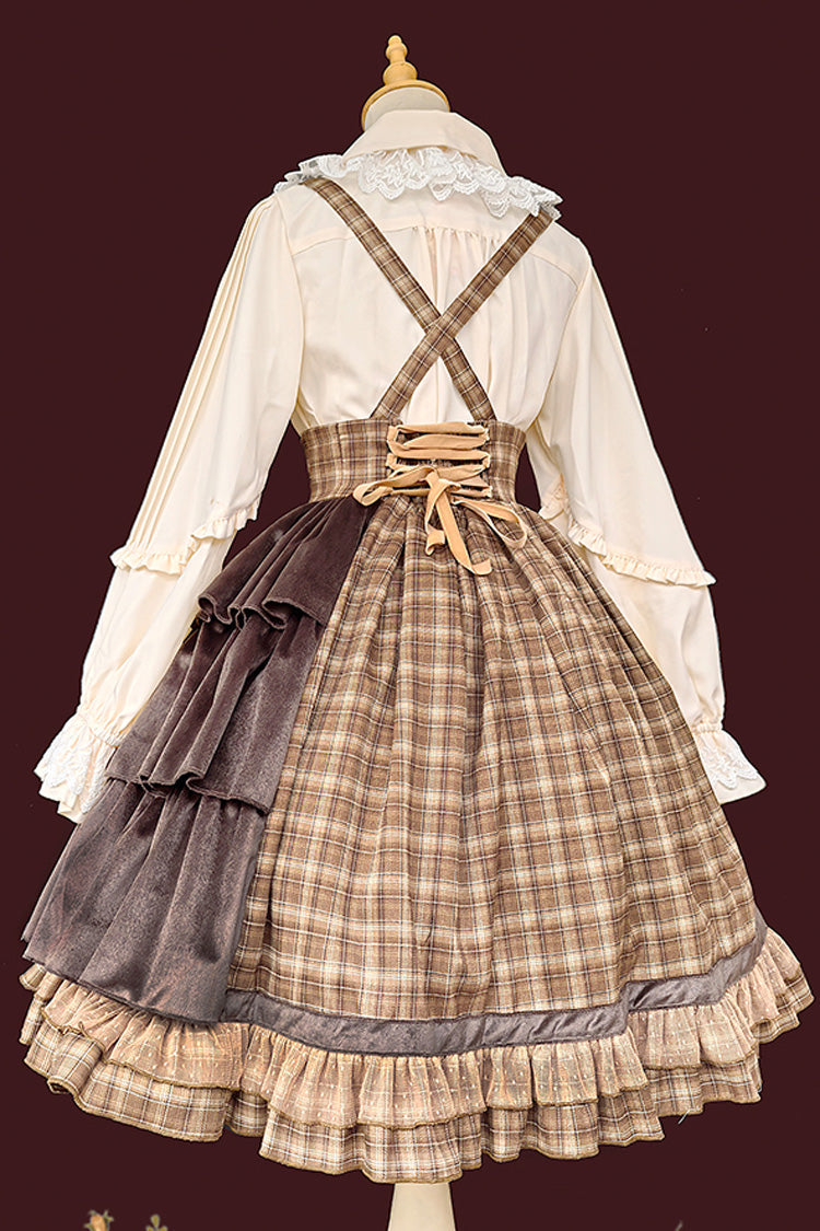 Brown [Morning Tune] Sleeveless High Waisted Print Ruffle Asymmetric Sweet Lolita Strap Dress - Product - 12