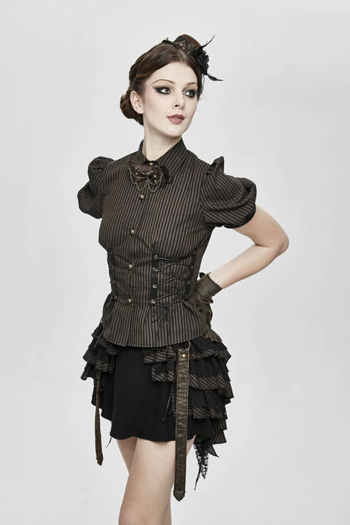 Brown Bubble Short Sleeves Striped Slim Womens Punk Blouse - Product - 2