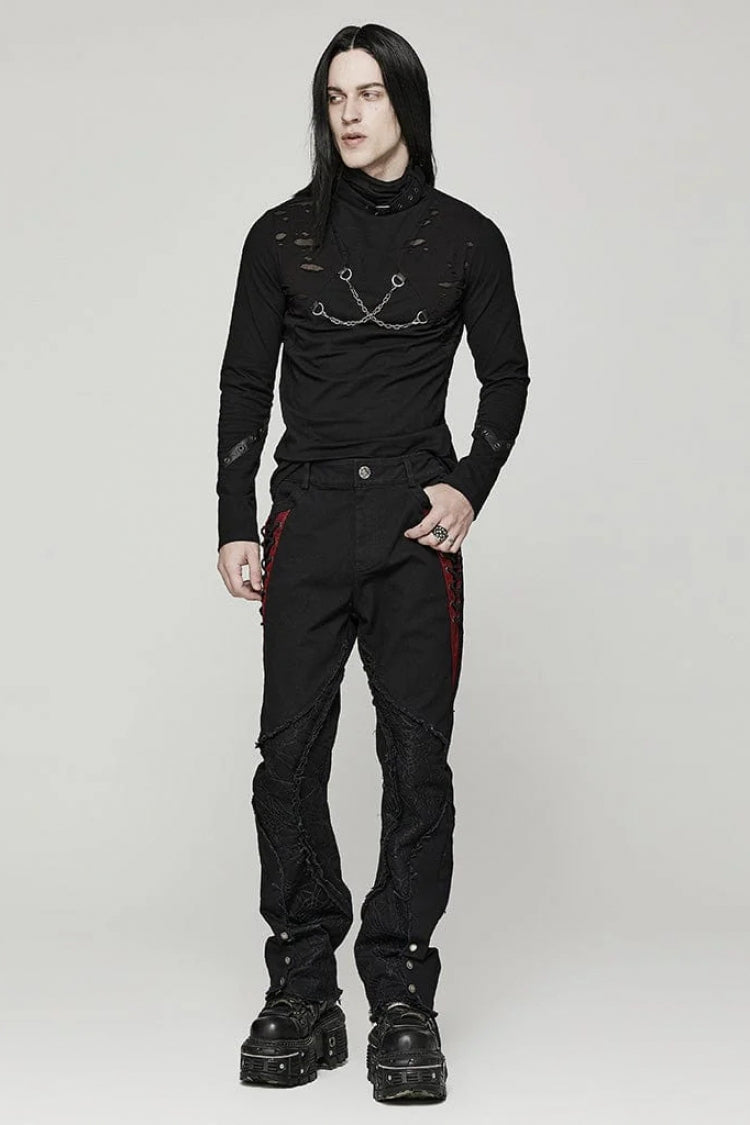 Black Stand Collar Long Sleeves Ripped Metal Chain Mens Steampunk T-Shirt - Product - 4