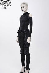 Black Hasp Knitted Collar Off-Shoulder Ribbon Irregular Floral Pattern Stretch Women's Punk Coat - Product - 7