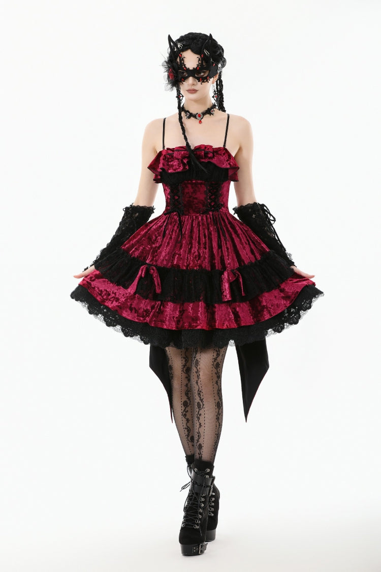 Wine Red Corset Lace-Up Velvet Irregular Pointed Tail Women's Lolita Gothic Cami Mini Dress - Product - 8