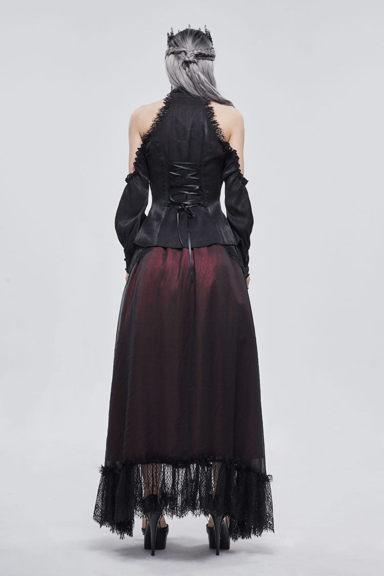 Black Lantern Sleeves Off The Shoulder Halter Lace Ruffled Women's Gothic Shirt - Product - 4
