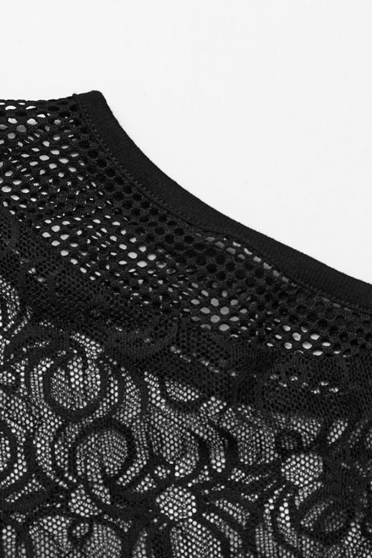 Sleeveless Print Hollow Lace Mesh Sheer Womens Steampunk Bodysuit 3 Colors - Product - 21