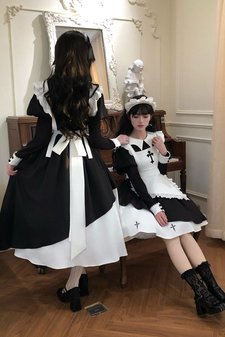 Black/White [Halloween Little Maid] Lapel Collar Long Sleeves Printed Ruffled Asymmetric Nun Gothic Lolita Dress - Product - 6