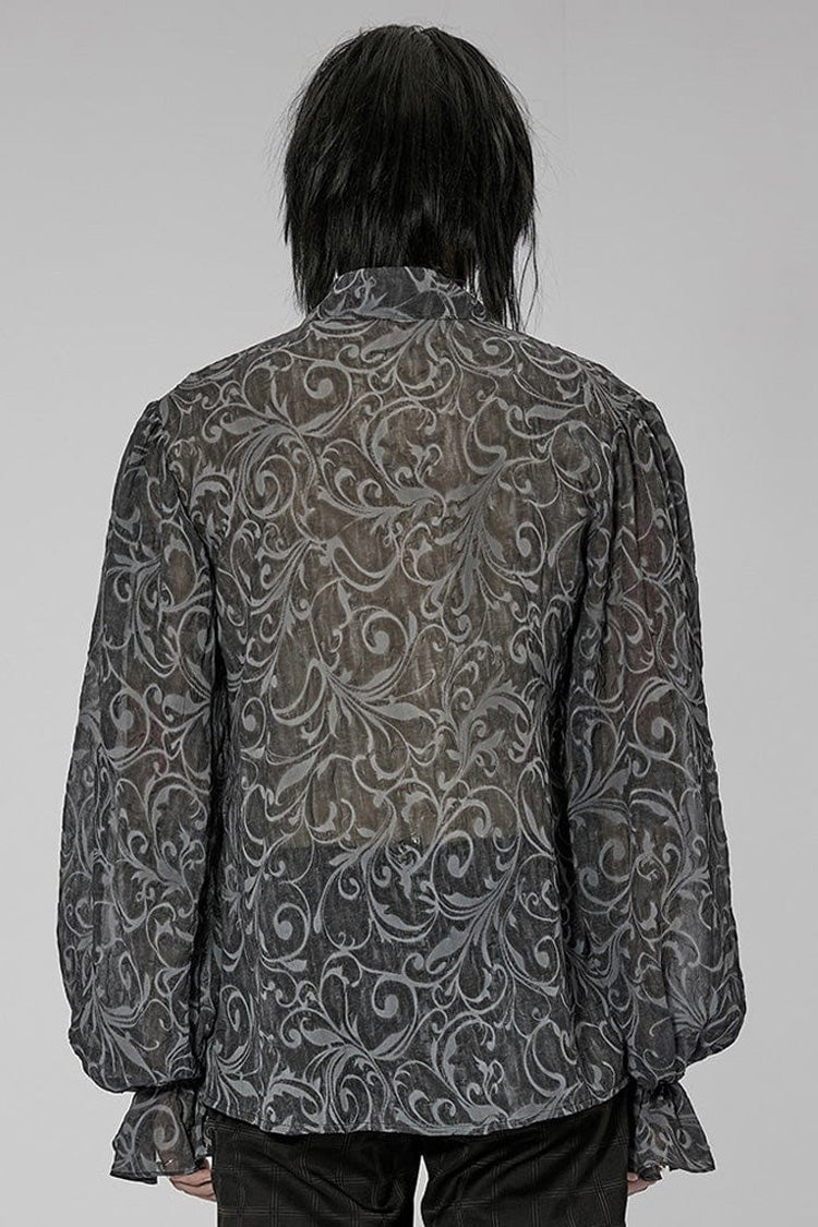 Gray Punk Chiffon Ruffle Stand Collar Wide Brimmed Lantern Sleeves Retro Relief Sculpture Embossing Men's Shirt - Product - 3