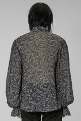 Gray Punk Chiffon Ruffle Stand Collar Wide Brimmed Lantern Sleeves Retro Relief Sculpture Embossing Men's Shirt - Product - 3