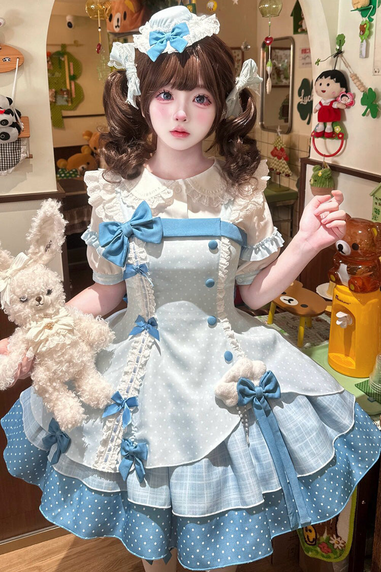 Blue [Glass Bottle] Square Collar Sleeveless Triple-Layered Printed Ruffled Bow Asymmetric Sweet Lolita Jsk Dress - Product - 2