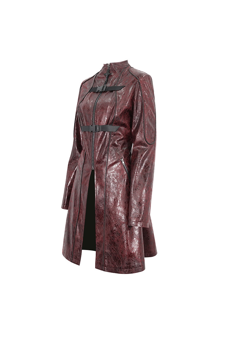 Red Double Buckle Faux Leather Long Women's Punk Coat - Product - 10