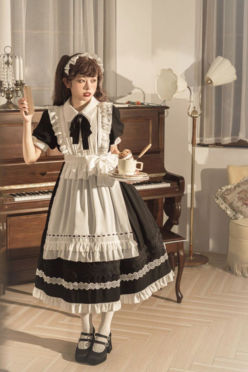 Black Lapel Collar Bowknot Short Sleeves Ruffled Sweet Lolita Maid OP Dress (Apron is included) - Product - 3