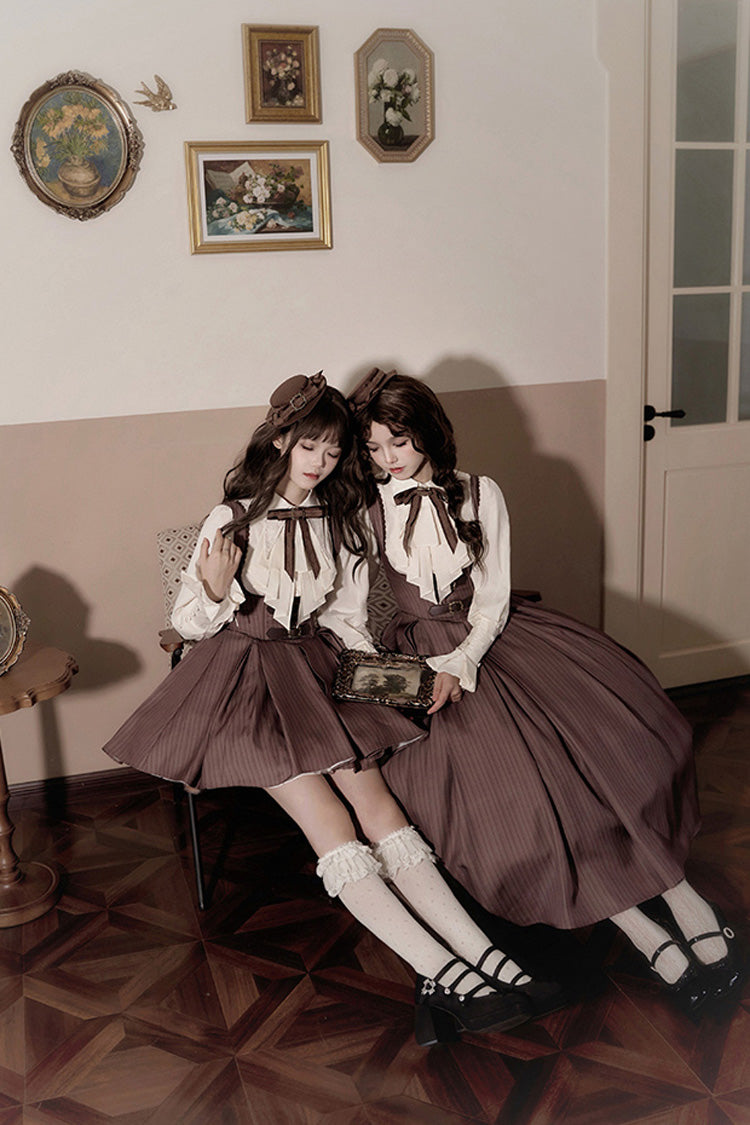 Brown [Manchester City's Past] Striped Print Breast Support Short Version Sweet Lolita Dress - Product - 7