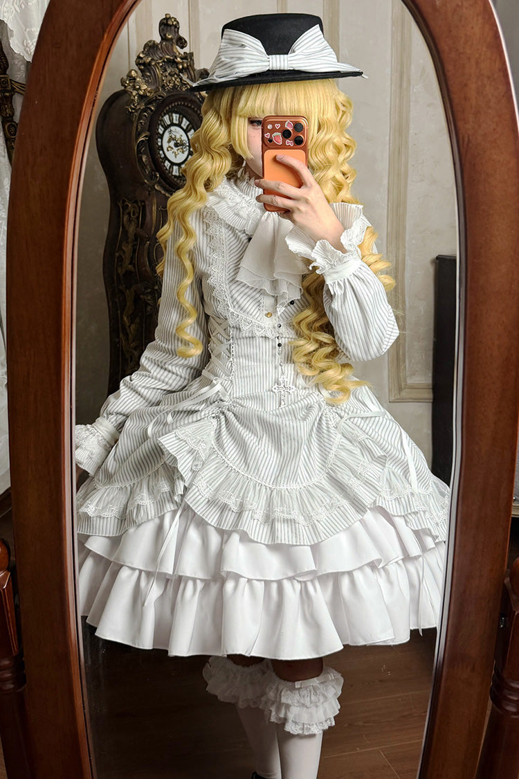 White [Point Manor] Stand Collar Long Sleeves Multi-Layered Striped Printed Ruffled Lifted Hem Bow Gothic Lolita Dress - Product - 7