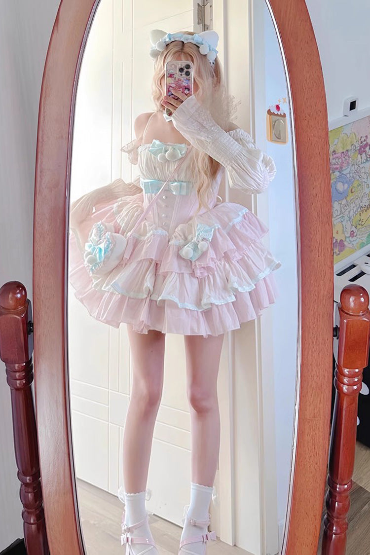 Pink Multi-layer Ruffle Bowknot Sweet Princess Lolita Tiered Dress - Pink - 1
