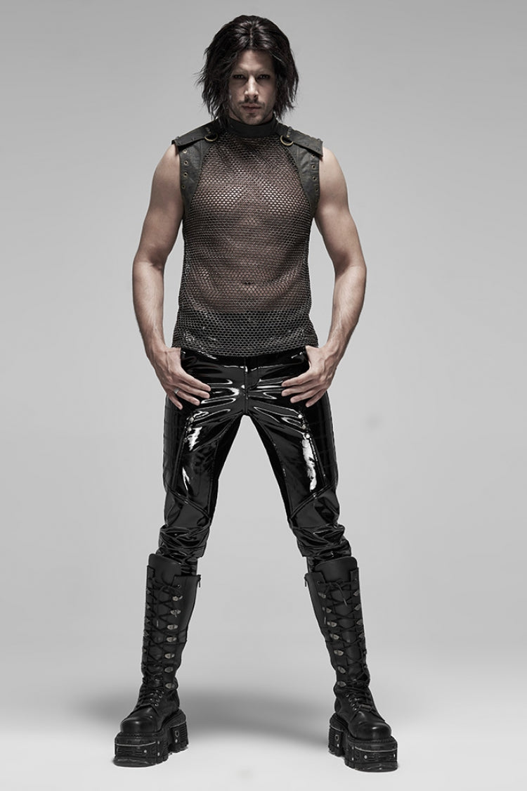 High Collar Sleeveless Rivet Decoration Sheer Mesh Men's Steampunk Vest 2 Colors - Product - 12