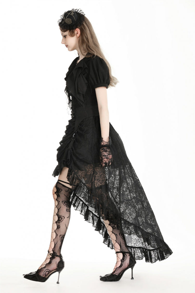 Black Women's Gothic Princess High Waisted Lace Lace-Up Buckled High/Low Tail Hem Maxi Skirt - Product - 2