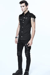 Black Sleeveless Twill One-Shoulder Armor Heat Seal Men's Punk Shirt - Product - 6