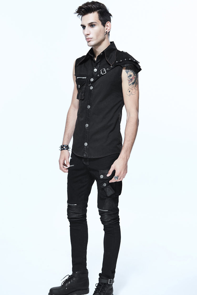Black Sleeveless Twill One-Shoulder Armor Heat Seal Men's Punk Shirt - Product - 6
