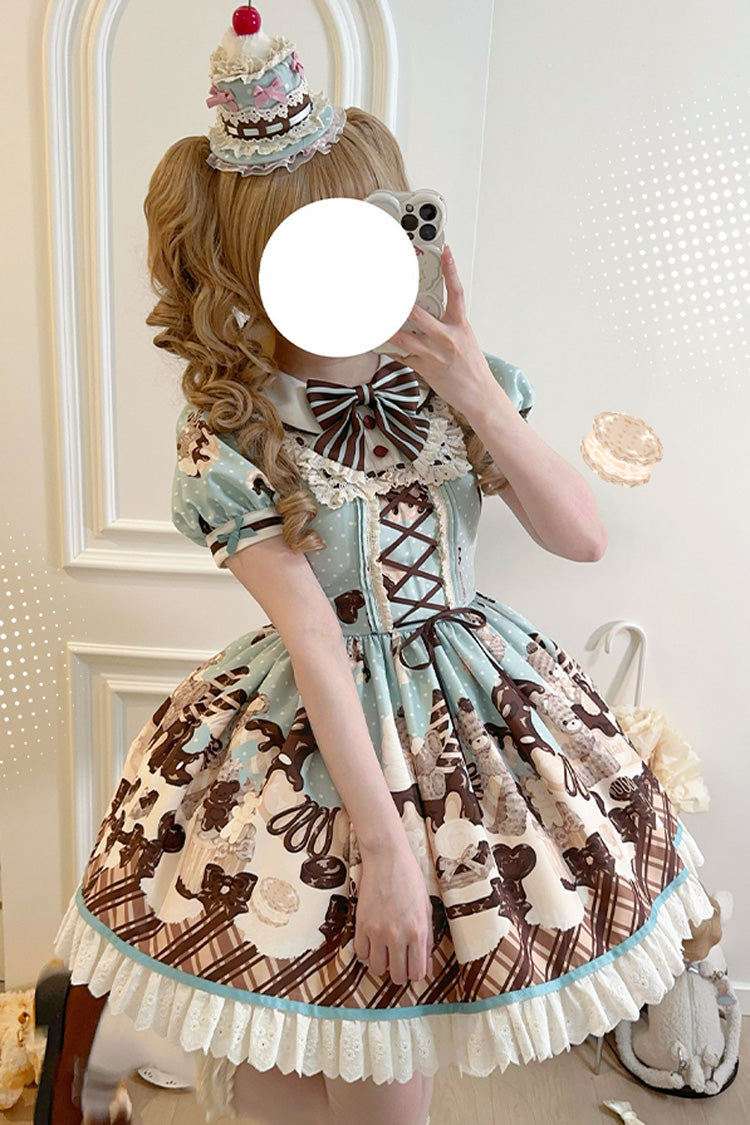 Brown [Peppermint Chocolate] Chocolate Cake Bear Print Ruffle Bowknot Lace-Up Sweet Lolita Dress - Brown - 1