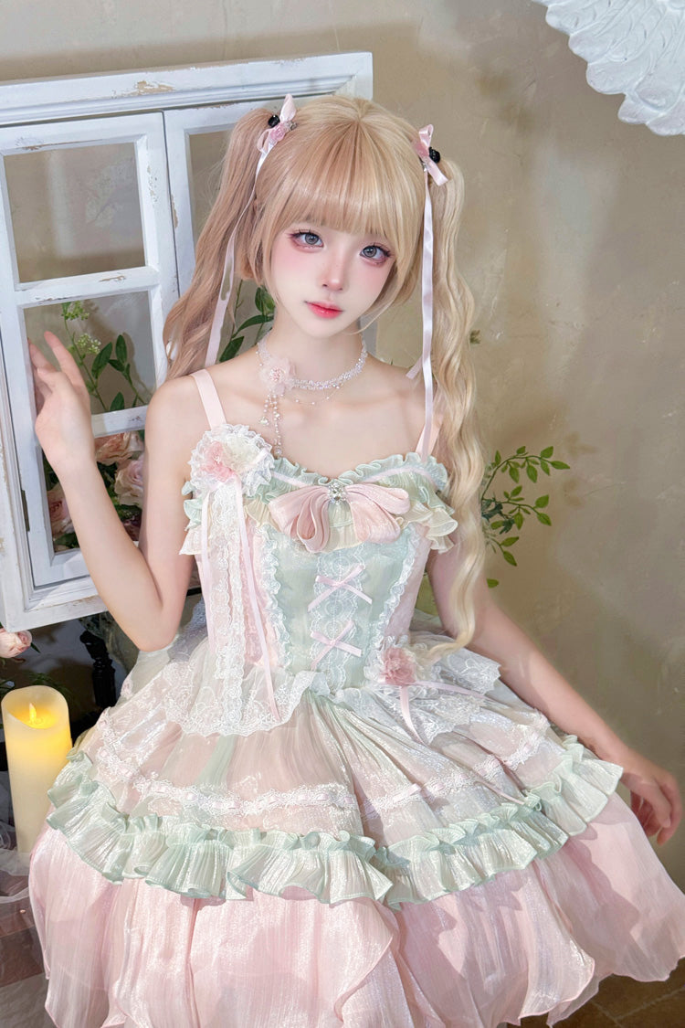 Pink/Green Summer Garden Ruffle Embroidery Bowknot Lace Sweet Lolita Jsk Short Dress - Product - 7